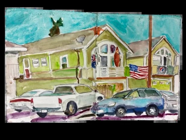 Watercolor painting of a green and yellow house with American flag, parked cars in driveway, and swimming pool in background