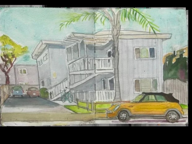 Watercolor sketch of elevated beach houses with a yellow car parked in front and palm trees in a neighborhood setting