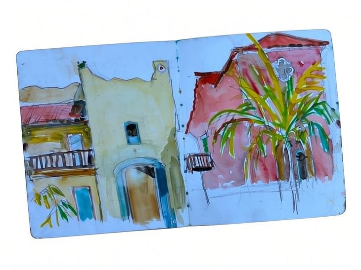 Open sketchbook with watercolor paintings of colorful Mediterranean-style buildings with terracotta roofs and green plant
