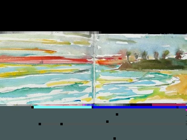 Abstract watercolor landscape with horizontal colorful brushstrokes of yellow, red, blue, and green depicting a horizon, river, and distant trees