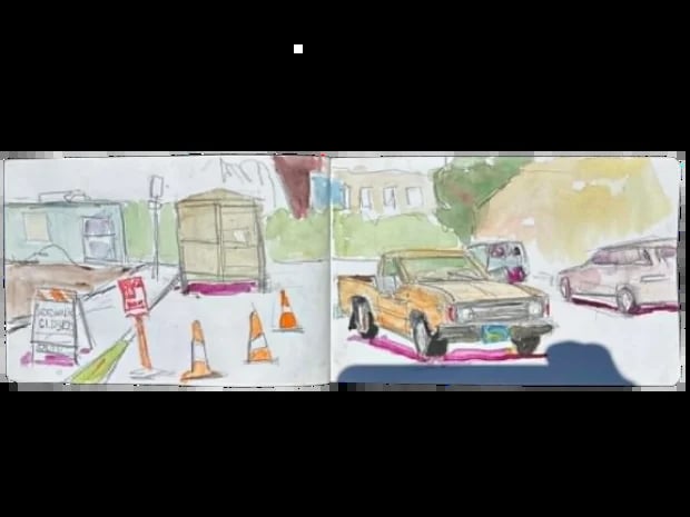 Two watercolor sketches showing parked vintage cars and a roadside scene with cones and signage