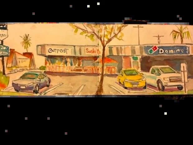 Illustration of a suburban shopping center with parked cars, storefronts including Dominos, and palm trees in a warm-toned setting