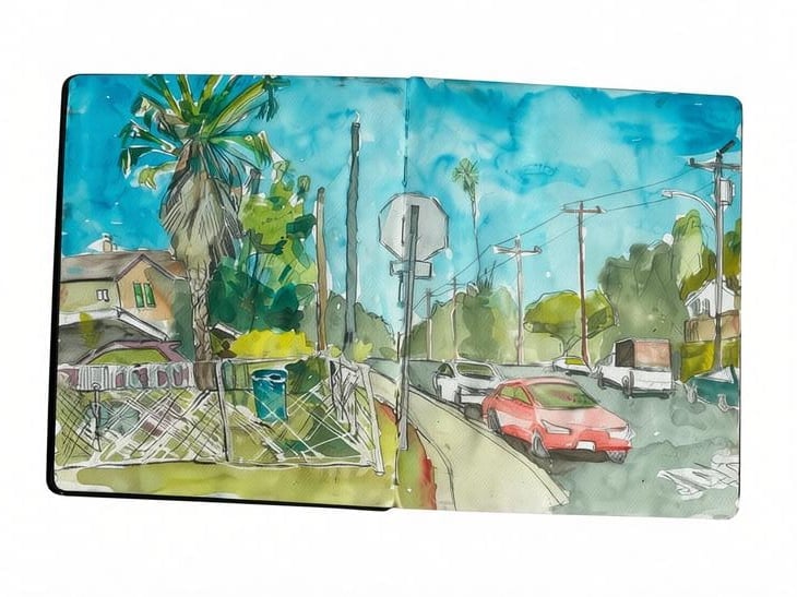 Open sketchbook showing watercolor paintings of a suburban street with palm trees, houses, cars, and power lines under a blue sky