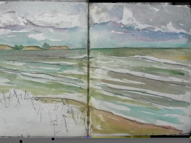 Two-page watercolor sketch of a coastal landscape with layered green and blue horizontal strokes depicting water, sky, and distant shoreline