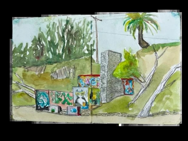 Watercolor sketch of a hillside landscape with colorful graffitied boxes, palm tree, and stone structure