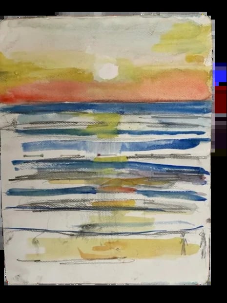 Abstract watercolor painting of a coastal seascape with horizontal brushstrokes depicting ocean waves, sky, and sunset in blues, yellows, and oranges