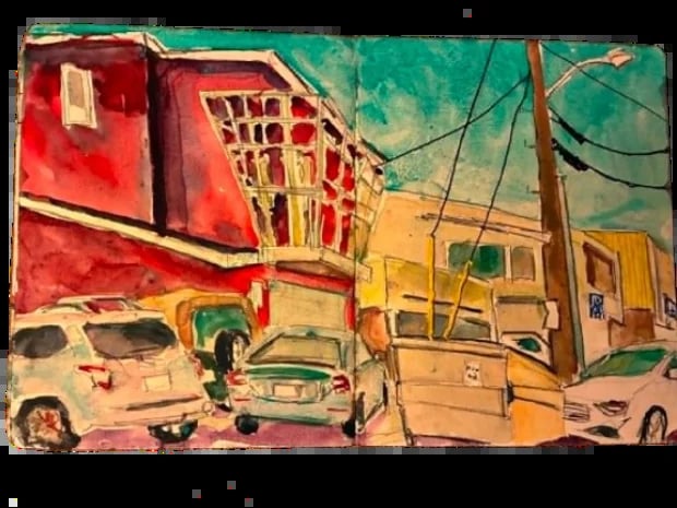 Colorful watercolor painting of vintage cars parked in front of a red building with neon signage and power lines