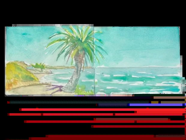 Watercolor painting of a tropical beach with a palm tree, sandy shore, and turquoise ocean waves