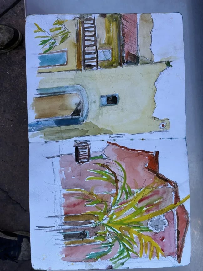 Watercolor sketches showing interior and exterior architectural details of a building with green plant elements