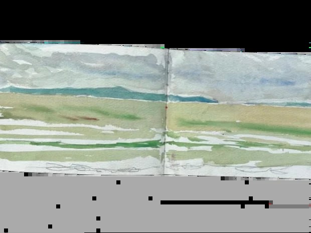 Watercolor painting of a wide open landscape with green fields, winding rivers, and distant hills under an overcast sky