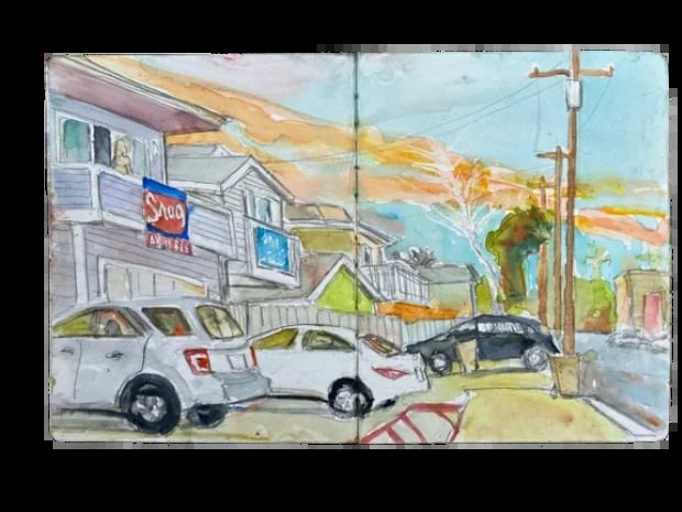 Watercolor painting of a suburban street with white cars parked near a house with a sold sign and utility poles