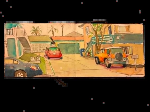 Cartoon illustration of a construction scene with vehicles, palm trees, and colorful buildings on a sandy street