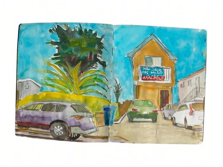 Open sketchbook showing watercolor illustrations of a street scene with parked cars, palm tree, and yellow building under blue sky