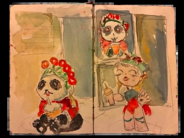 Vintage childrens book illustration showing two dolls with rosy cheeks and holiday decorations, one in a mirror and one standing below it