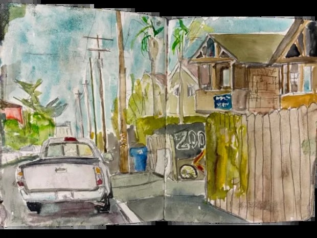 Watercolor painting of a neighborhood street with vintage car, wooden houses, and overgrown vines on fence