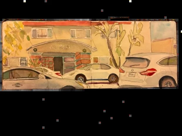 Watercolor illustration of a vintage retro caravan and classic cars parked in a desert setting with palm tree