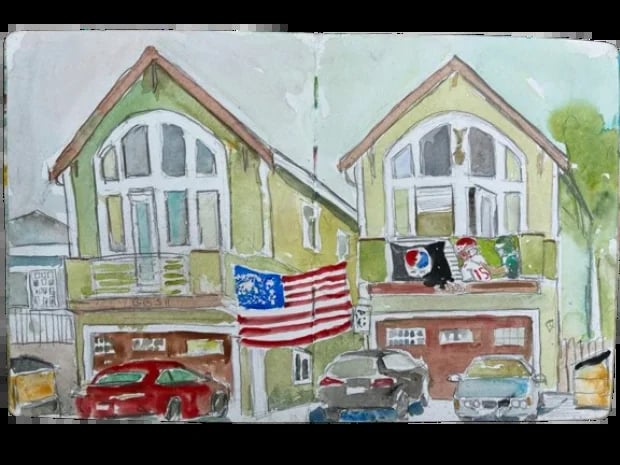 Watercolor painting of two green houses with large arched windows, an American flag, garages below, and parked cars on the street