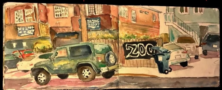 Illustration of a weathered street scene with vintage cars, storefronts, and a zoo sign in a desert town setting