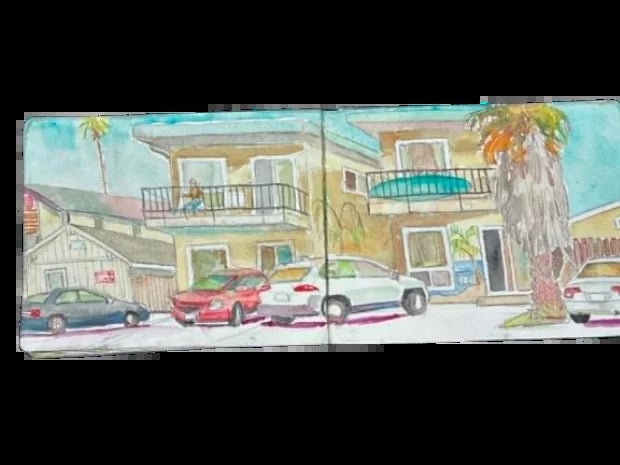 Watercolor illustration of two residential houses with parked cars on a sunny street lined with palm trees