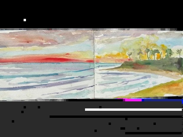 Two watercolor landscape paintings side by side: left panel shows a colorful sunset over horizontal water layers, right panel depicts a tree-lined shoreline with beach and blue waves