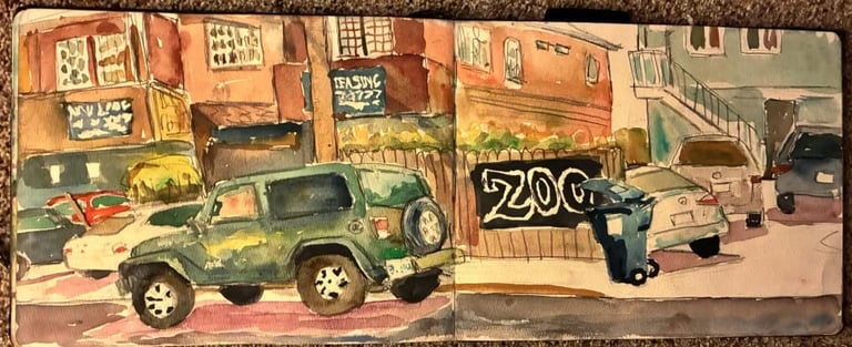 Illustrated urban street scene with vintage cars parked near buildings and shops with weathered storefronts