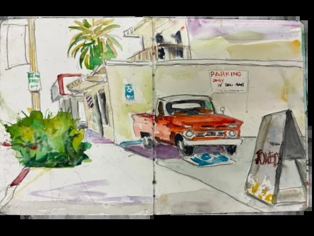 Watercolor sketch of vintage red car in garage with potted plant and painting supplies on workbench