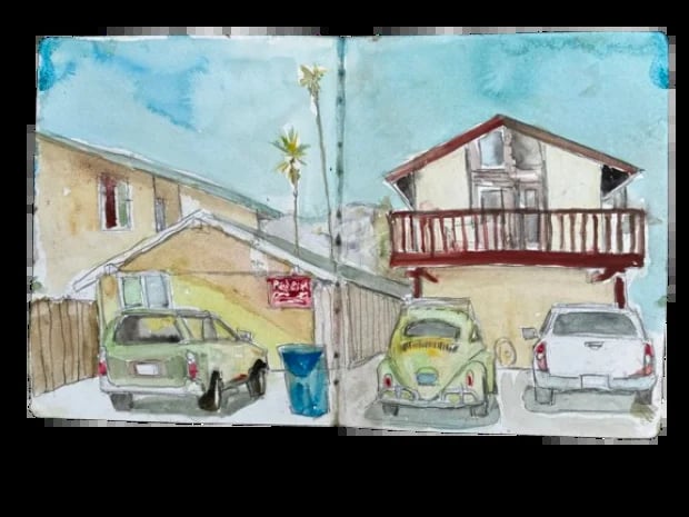 Watercolor painting of a residential street with three parked cars, houses with red railings, palm trees, and a clear blue sky