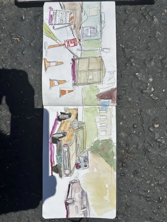 Hand-drawn architectural sketches showing floor plans and interior layouts with furniture, windows, and watercolor details