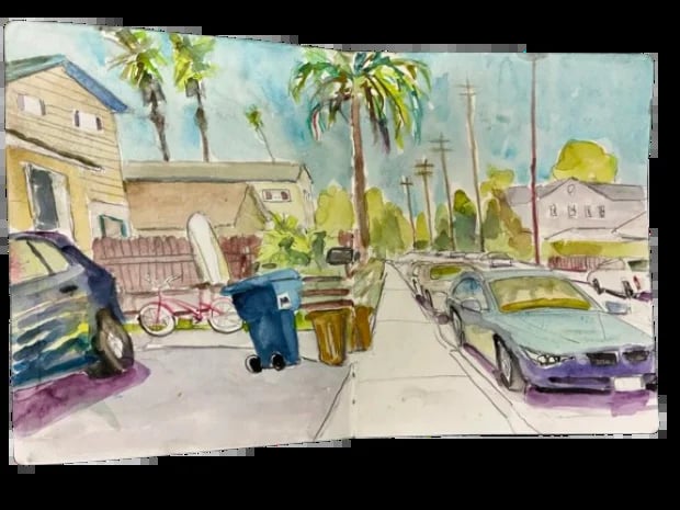 Watercolor painting of a suburban street with vintage cars, palm trees, and houses under a blue sky