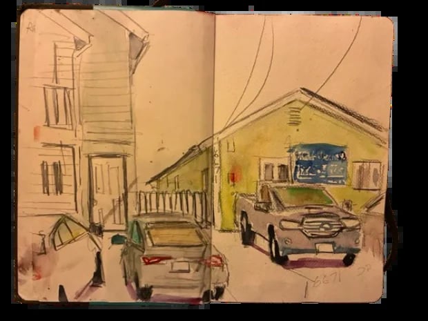 Watercolor sketch of a residential street with parked cars and houses, showing a yellow garage with vehicles