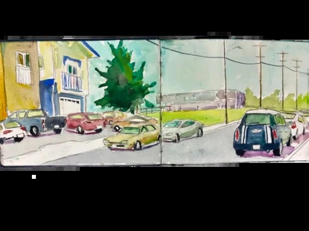 Watercolor illustration of a mid-century parking lot scene with vintage cars, buildings, and utility poles
