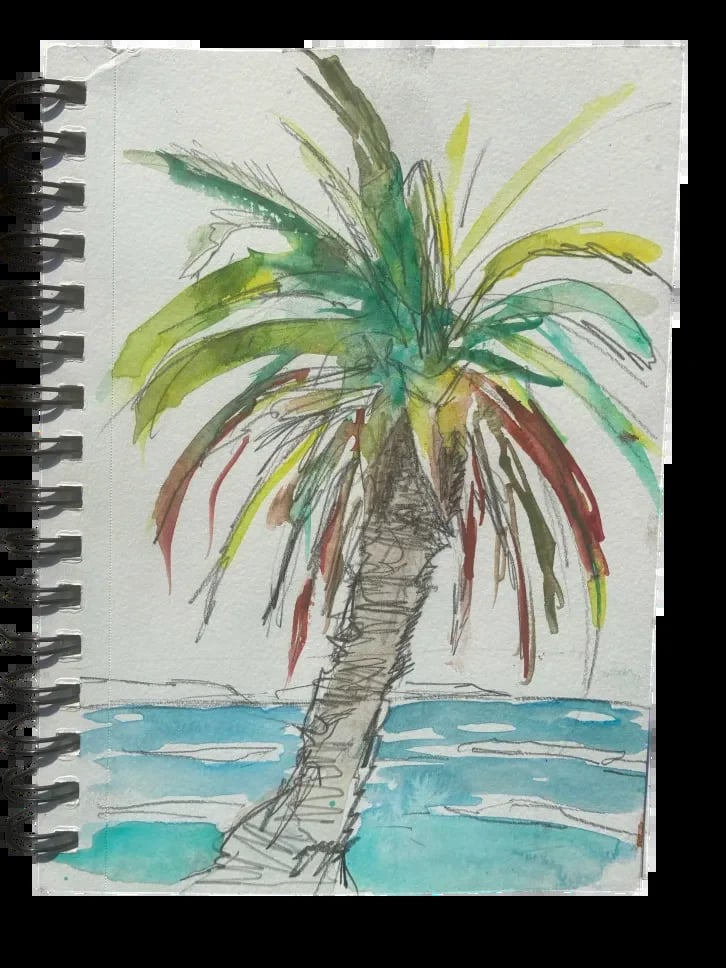 Watercolor sketch of a palm tree with green and yellow fronds on a spiral notebook page, with turquoise ocean waves below