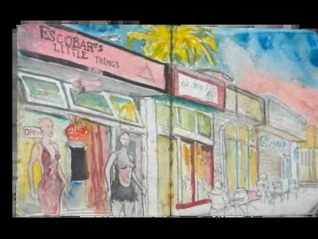 Watercolor illustration of a vintage street storefront with pink and white storefronts, including an Escobars store sign and palm tree, with displayed mannequins and merchandise in windows
