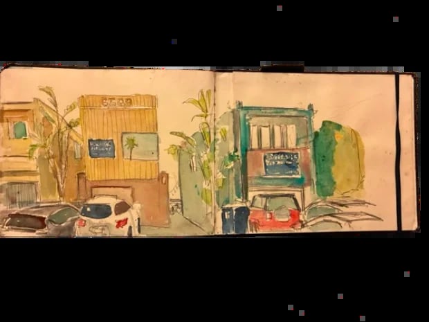 Two-page watercolor illustration showing minimalist house interiors with vintage cars, plants, and furniture in warm tones