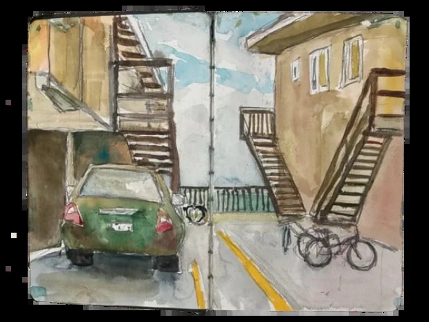 Urban street scene watercolor painting showing green parked car, stairs, bicycle, and tan buildings in an alleyway