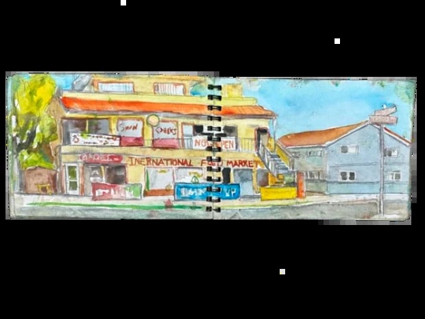 Watercolor illustration of a vintage diner with colorful storefronts and retro signage on a corner street