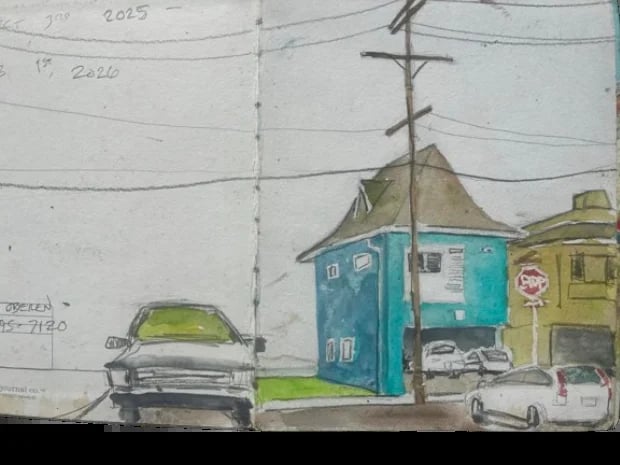 Architectural sketch showing a blue building with a tower and cross, surrounded by parked cars and power lines