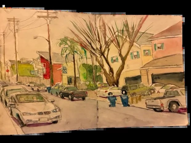 Watercolor illustration of a suburban street scene with parked cars, buildings, utility poles, and a bare tree in warm earth tones