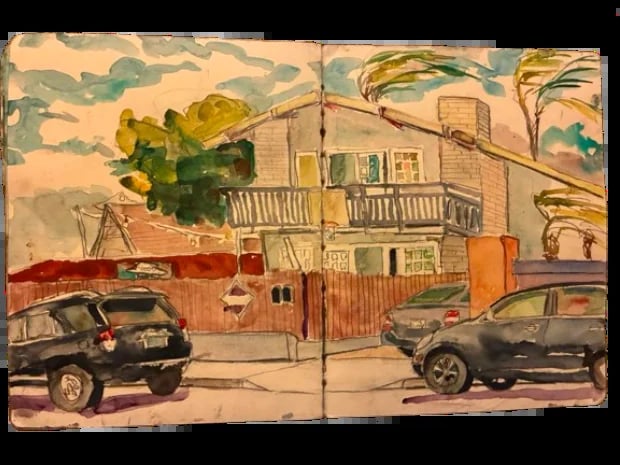Hand-painted illustration of a two-story house with parked cars and a corrugated metal fence on an open sketchbook