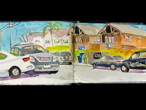 Watercolor illustration of a suburban street scene with parked cars, houses, and a blue mailbox